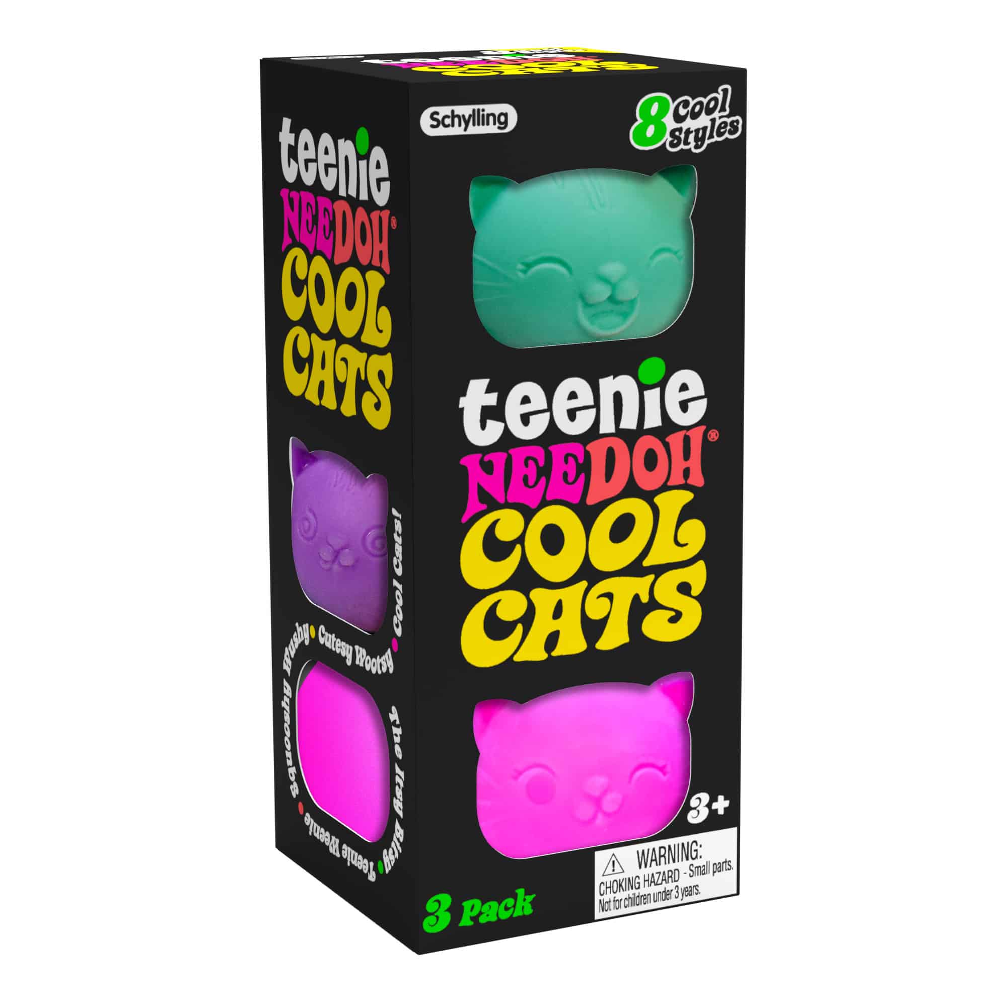 Teenie NeeDoh Cool Cats – Mini Squishy Cat Fidget Toy | 3-Pack, 8 Expressions, Assorted Colors