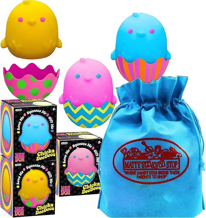 NeeDoh Chicka DeeDoos – Squishy Chick Fidget Toy 3-Pack Bundle | All Colors + Storage Bag