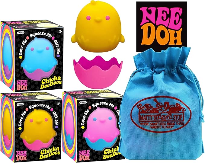 NeeDoh Chicka DeeDoos – Squishy Chick Fidget Toy 3-Pack Bundle | All Colors + Storage Bag